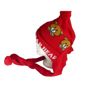 Vintage Beanie Hat with Pom Pom Ear Flap Scarf Knit Bear Print Novelty